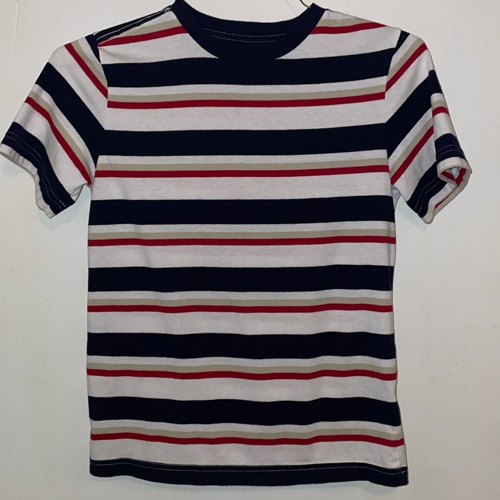 Boys 8/10 White,Red, Blue & Khaki colored horizontal stripes.Shirt sleeves.